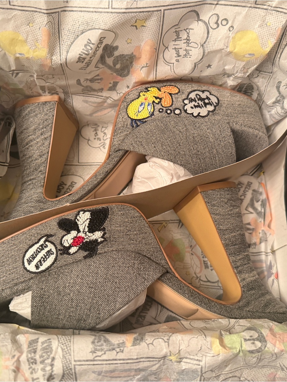 Aldo x Looney Tunes Grey Slip-On Block Heel Mules